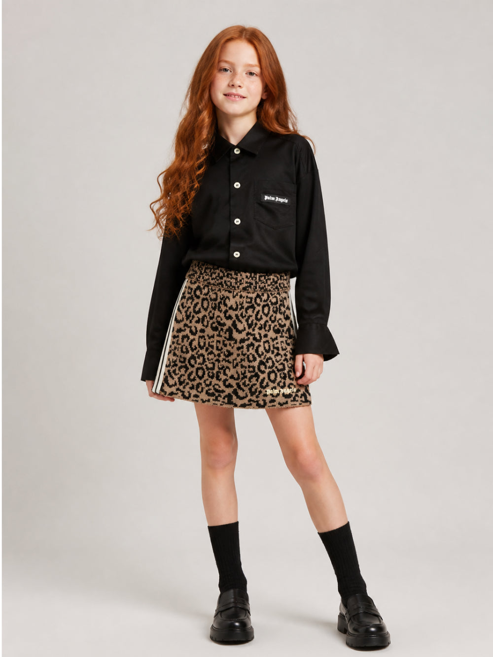 Minigonna per bambina Palm Angels Kids marone con fantasia leopardata F6PAJGSK158 220 PALM ANGELS KIDS