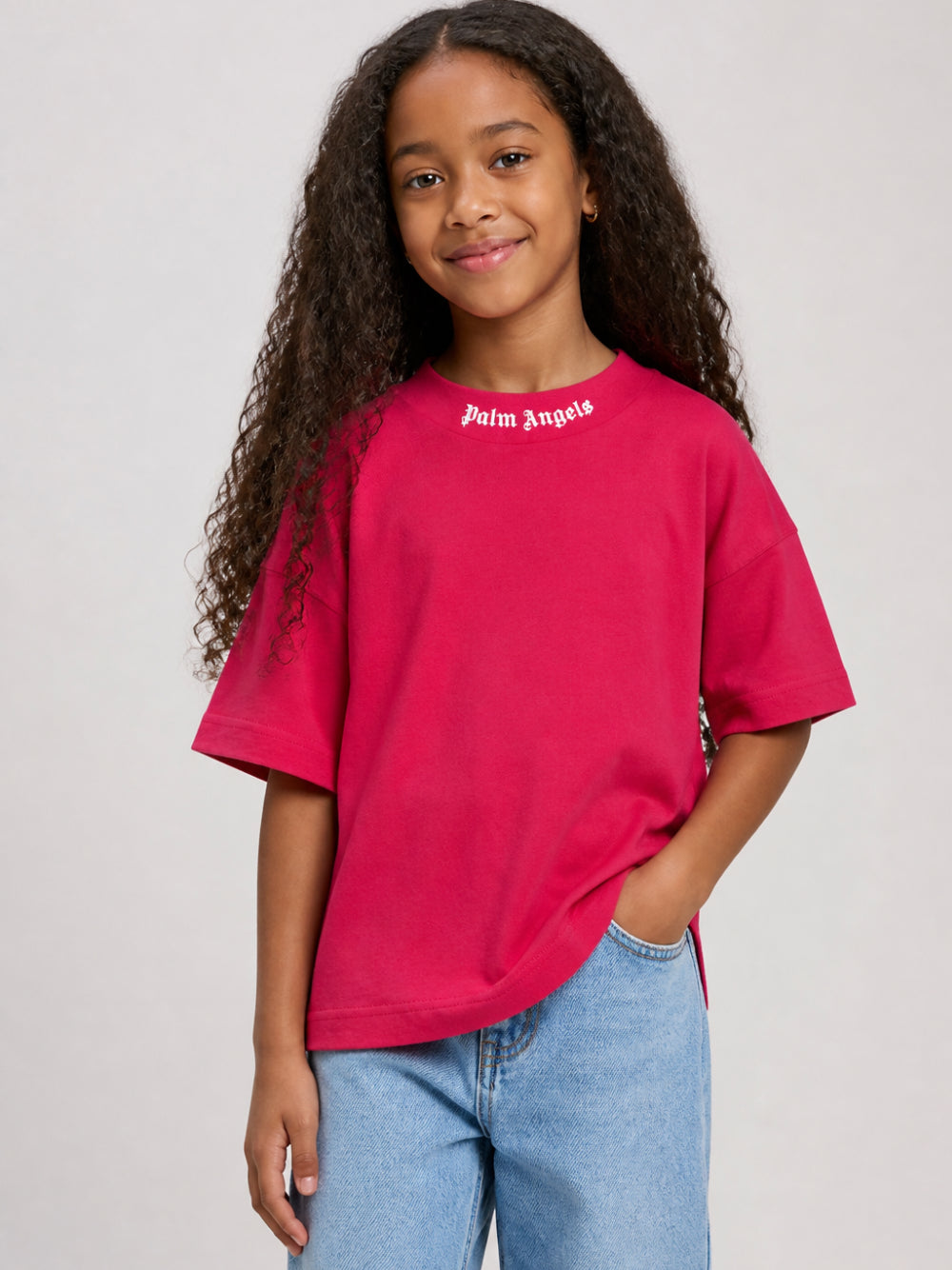 T-shirt per bambina Palm Angels Kids fucsia con stampa logo F6PAJGTH064 402 PALM ANGELS KIDS