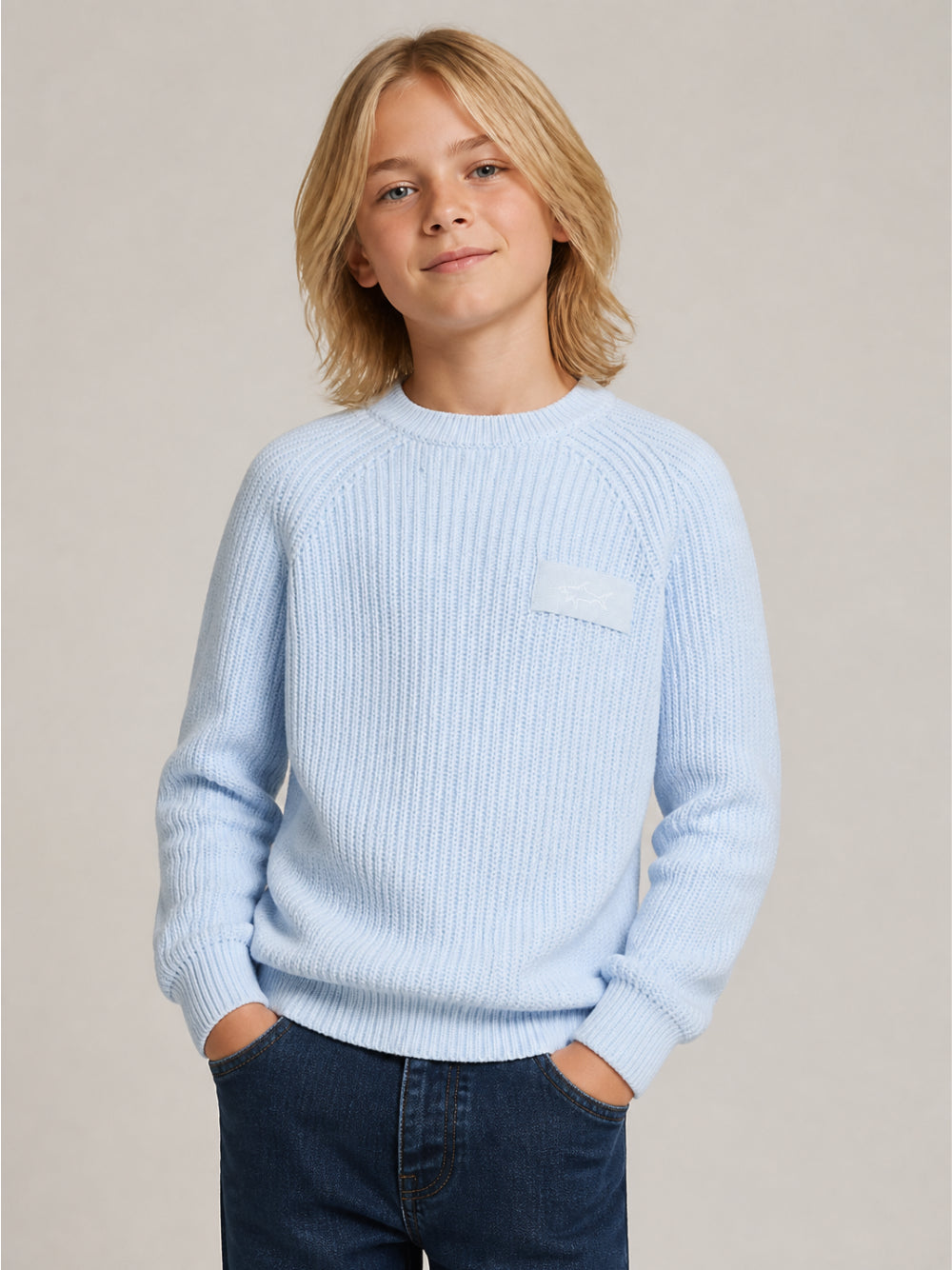 Maglione per bambino Paul & Shark Kids azzurro con applicazione logo WUW008LHE43 40705 PAUL & SHARK KIDS