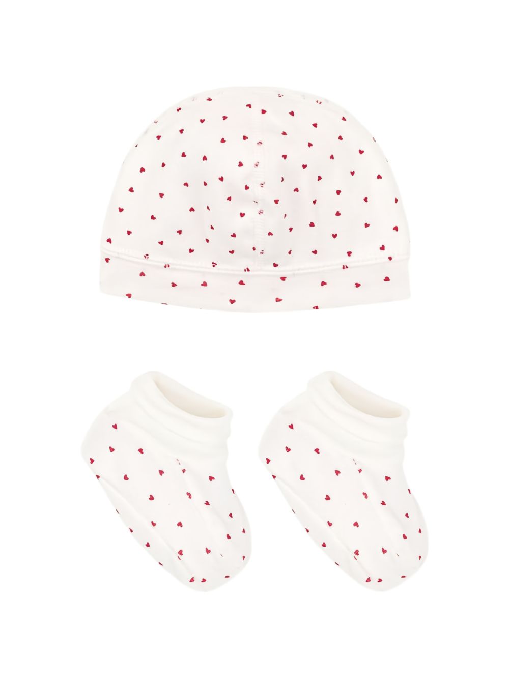 Set cappellino e babbucce per neonati Petit Bateau Kids bianco con stampa cuoricini all-over A0ARZ 00 PETIT BATEAU KIDS