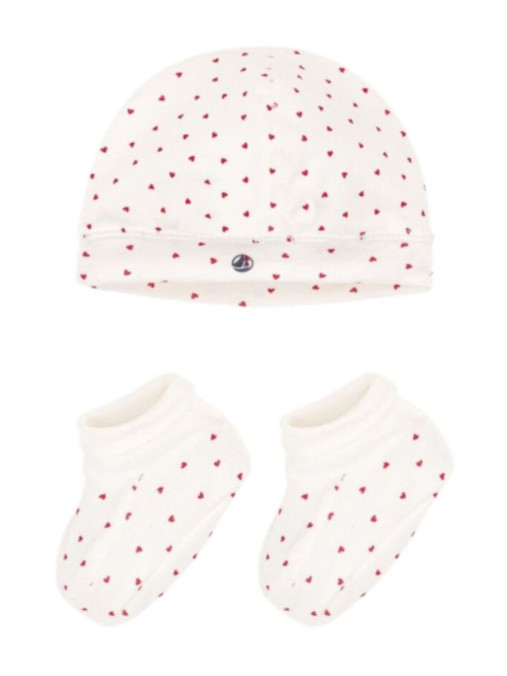 Set cappellino e babbucce per neonati Petit Bateau Kids bianco con stampa cuoricini all-over A0ARZ 00 PETIT BATEAU KIDS