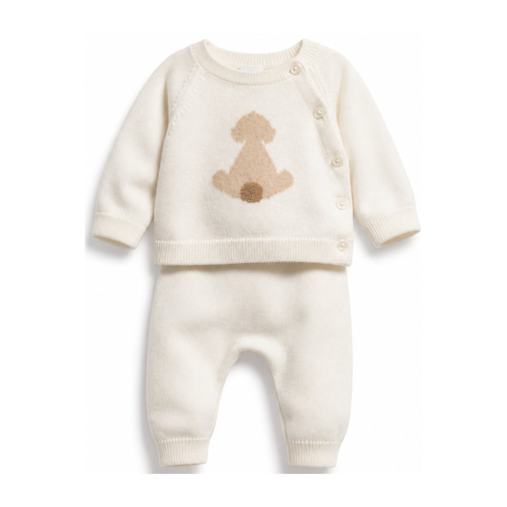 Set maglione e pantaloni per neonati Petit Bateau bianco con motivo cuccioli A0GIW 02 PETIT BATEAU KIDS