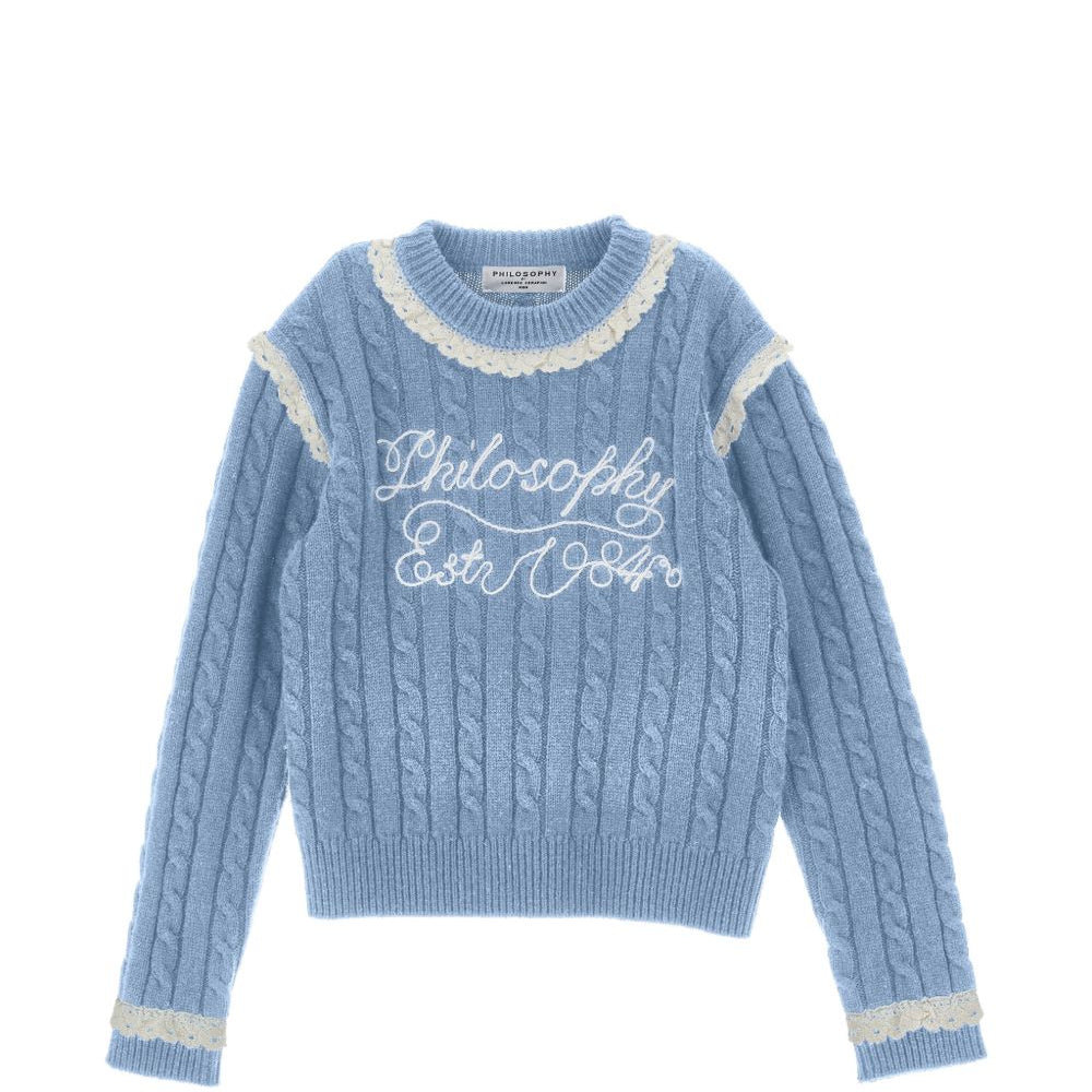 Maglione per bambina Philosophy di Lorenzo Serafini Kids azzurro con finitura in pizzo I9H612 8716 0052 PHILOSOPHY KIDS