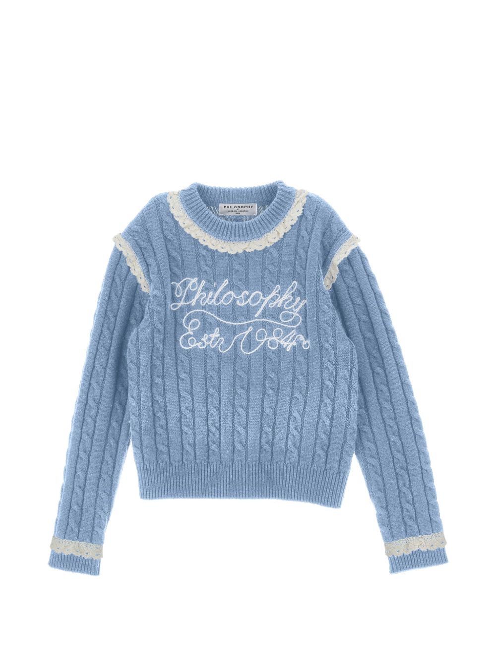 Maglione per bambina Philosophy di Lorenzo Serafini Kids azzurro con finitura in pizzo I9H612 8716 0052 PHILOSOPHY KIDS