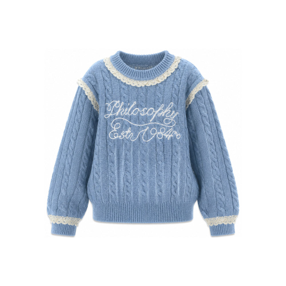 Maglione per bambina Philosophy di Lorenzo Serafini Kids azzurro con finitura in pizzo I9H612 8716 0052 PHILOSOPHY KIDS