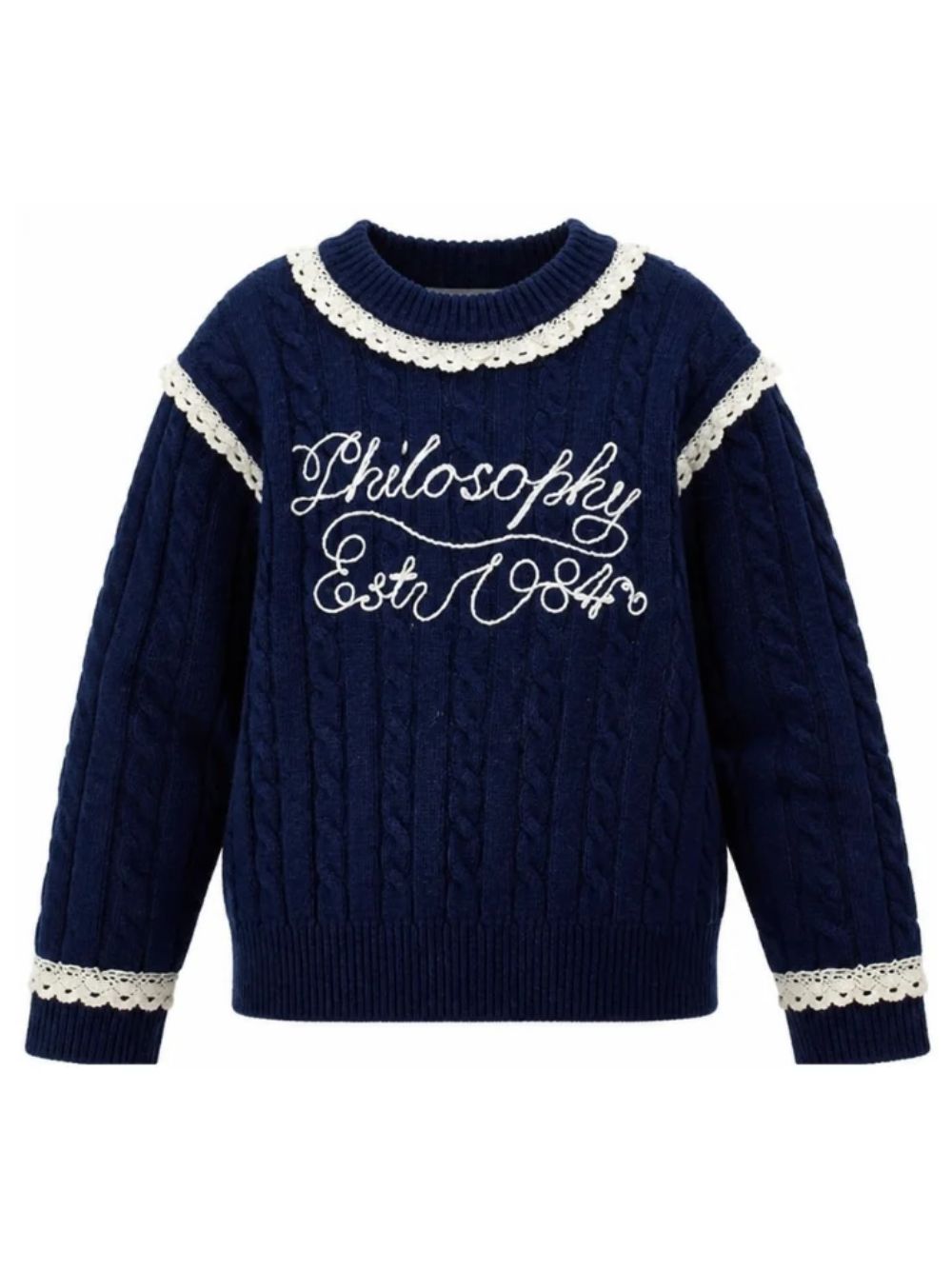 Maglione per bambina Philosophy di Lorenzo Serafini Kids blu con dettagli in pizzo I9H612 8716 056S PHILOSOPHY KIDS