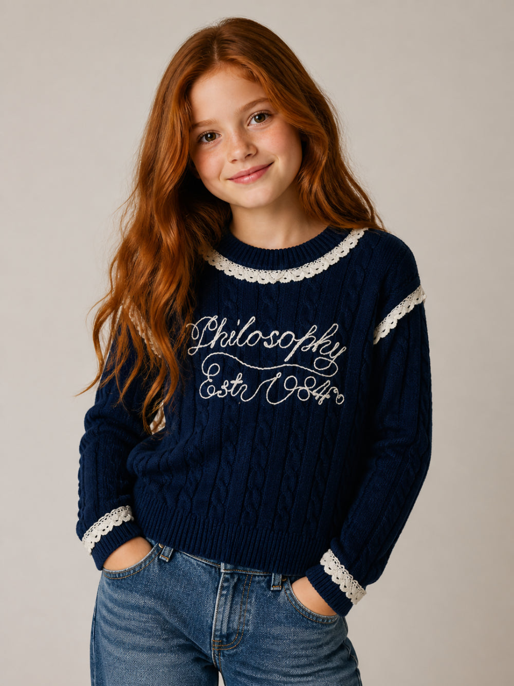 Maglione per bambina Philosophy di Lorenzo Serafini Kids blu con dettagli in pizzo I9H612 8716 056S PHILOSOPHY KIDS