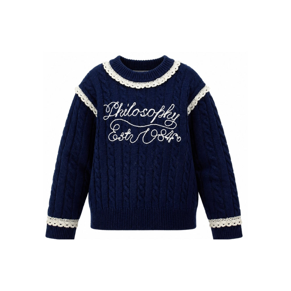 Maglione per bambina Philosophy di Lorenzo Serafini Kids blu con dettagli in pizzo I9H612 8716 056S PHILOSOPHY KIDS