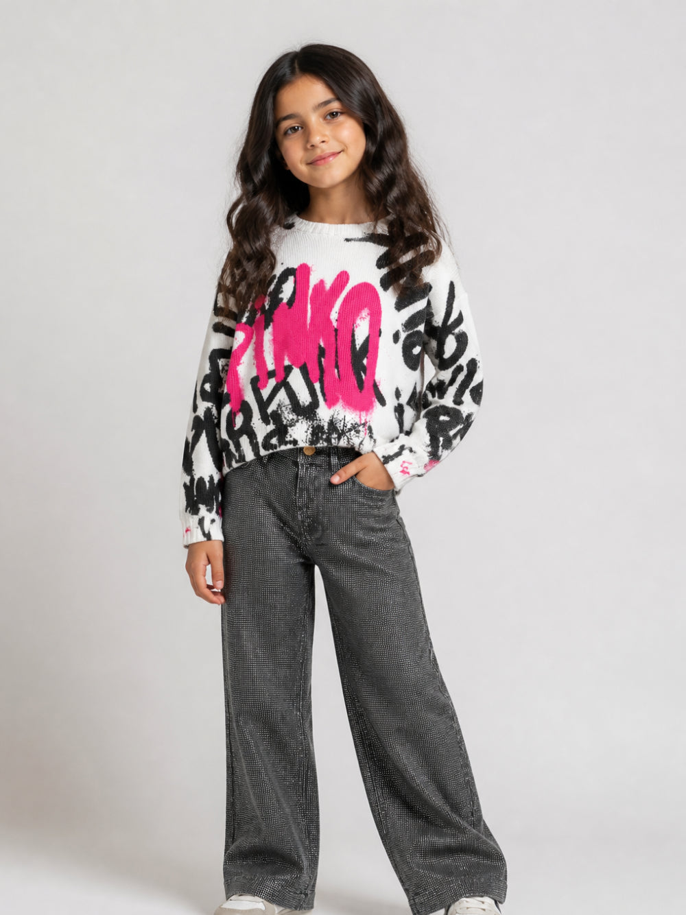 Maglione per bambina Pinko Kids bianco con stampa grafica all-over KFMA036CFL155 D572 PINKO KIDS