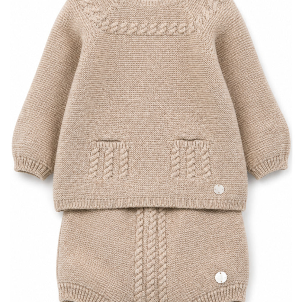Completo maglione e pantaloncini per neonato Paz Rodriguez Kids beige con trecce ricamate 114171 114172 68 PaZ RODRIGUEZ KIDS