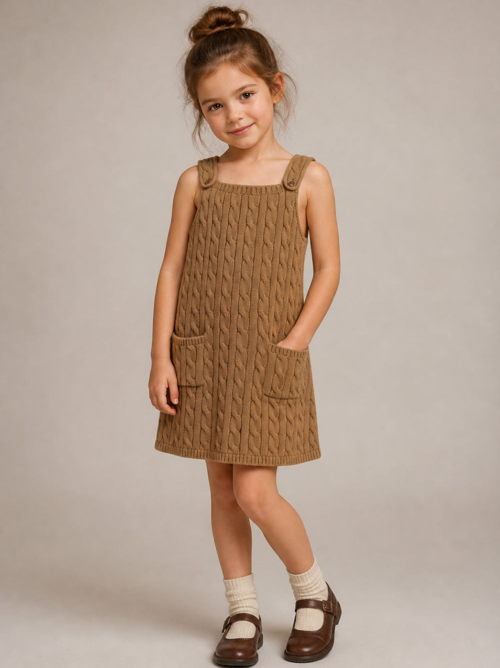 Abito per bambina Ralph Lauren Kids marrone chiaro a trecce con spalline abbottonate 312B25927 002 Ralph Lauren kids