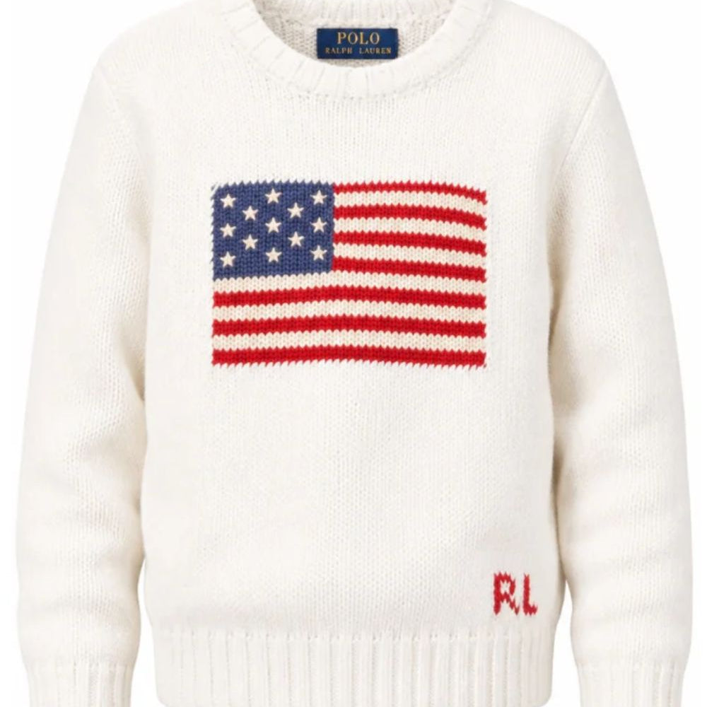 Maglione per bambino Polo Ralph Lauren Kids bianco con bandiera americana ricamata sul davanti 322668285 006 Ralph Lauren kids