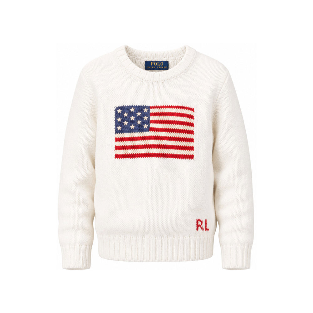 Maglione per bambino Polo Ralph Lauren Kids bianco con bandiera americana ricamata sul davanti 322668285 006 Ralph Lauren kids