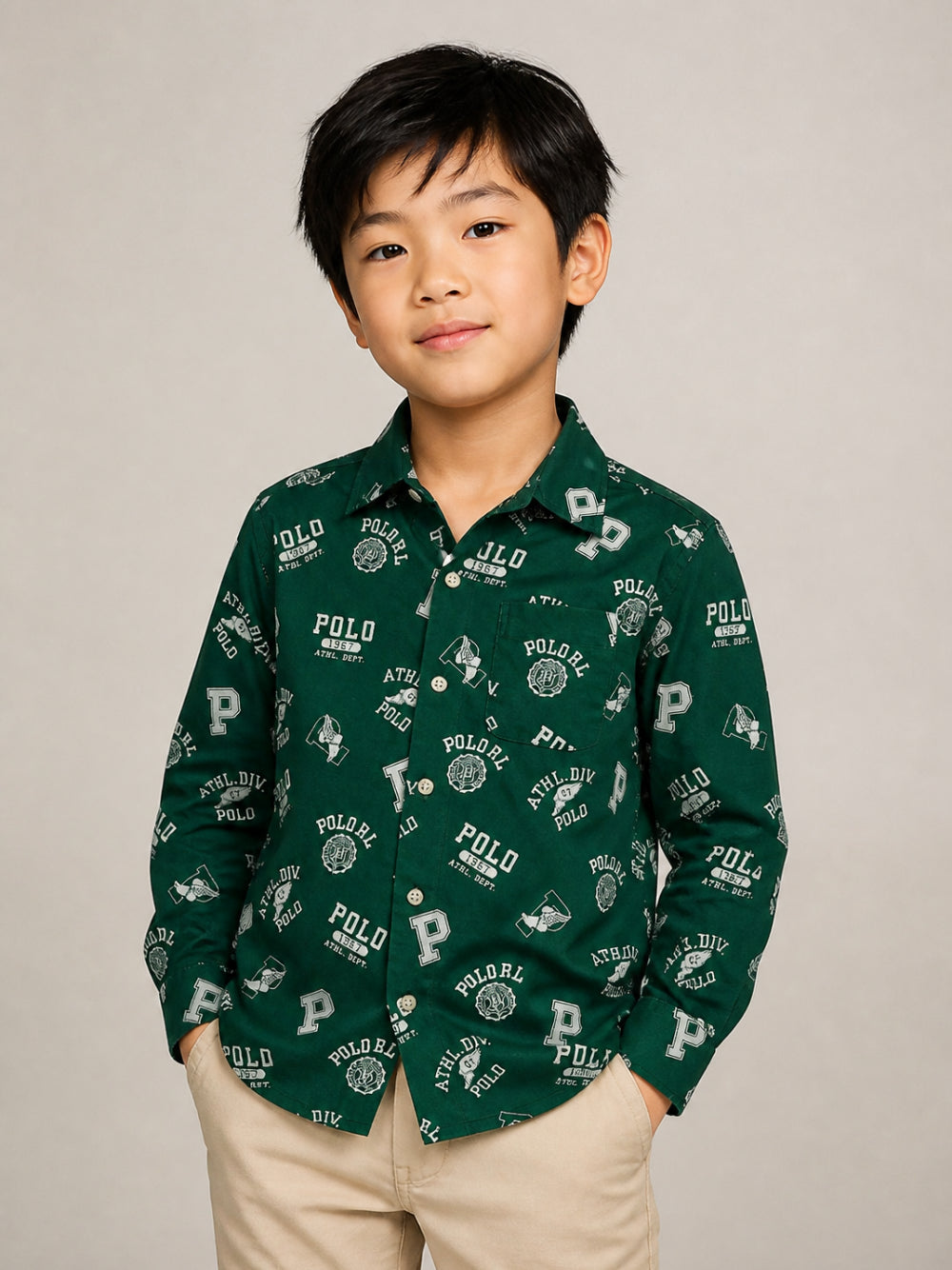 Camicia Andy Cam per bambino Polo Ralph Lauren Kids verde con logo all-over 323B24632 001 Ralph Lauren kids