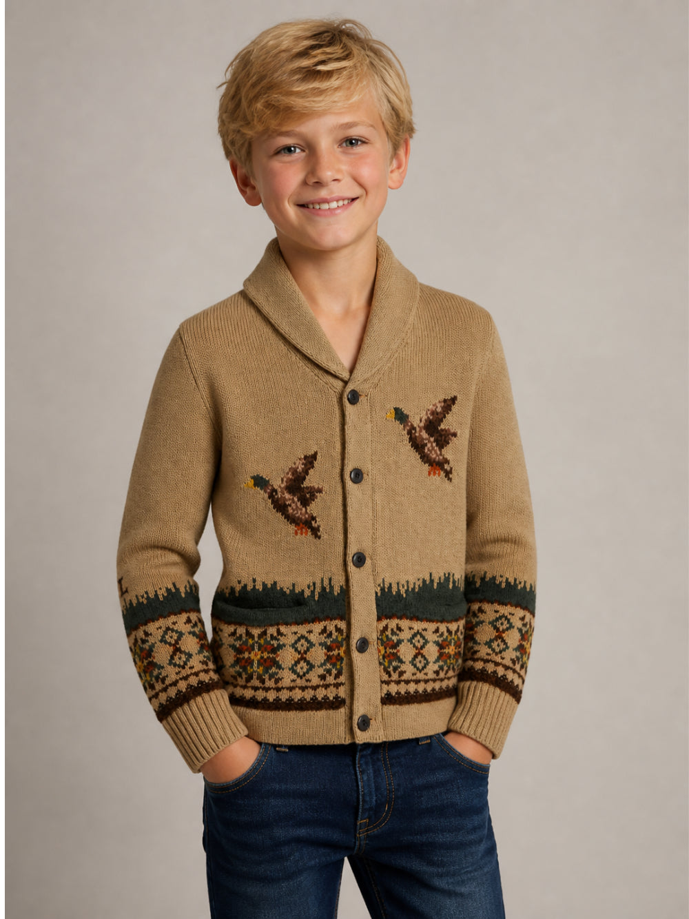 Cardigan per bambino PoloRalph Lauren Kids beige con scollo a scialle 323B26121 001 Ralph Lauren kids
