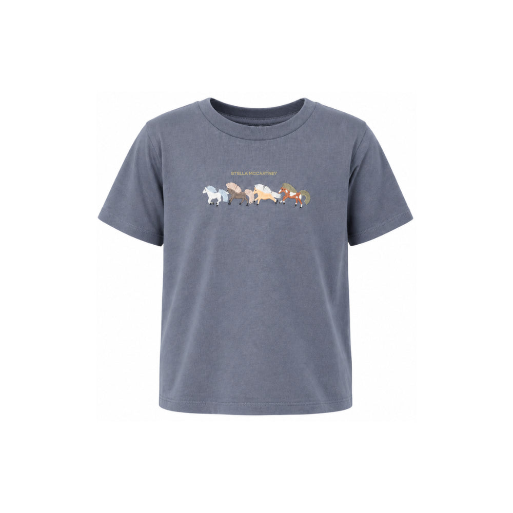 T-shirt per bambino Stella McCartney Kids blu con stampa grafica cavalli TZ8P81 Z3772 657 STELLA McCARTNEY KIDS