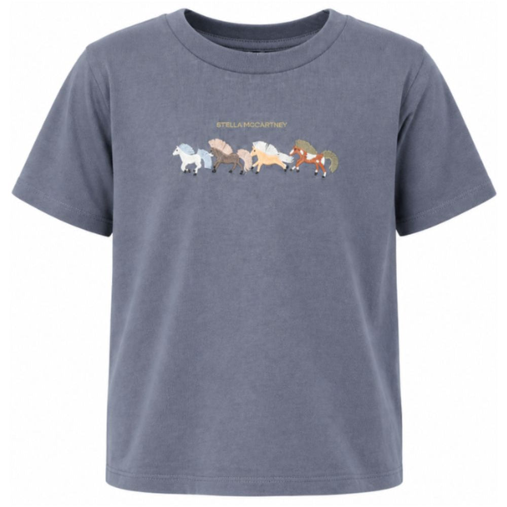 T-shirt per bambino Stella McCartney Kids blu con stampa grafica cavalli TZ8P81 Z3772 657 STELLA McCARTNEY KIDS