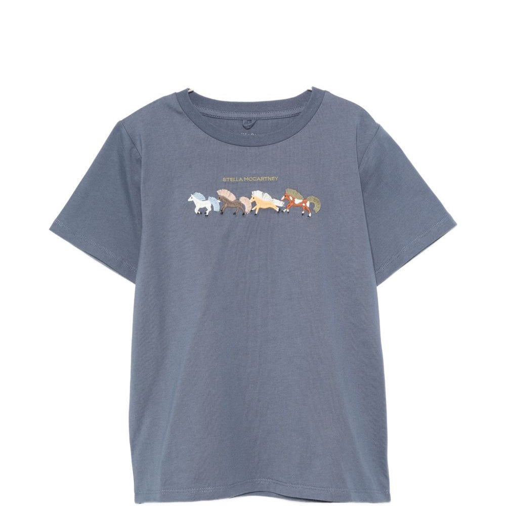 T-shirt per bambino Stella McCartney Kids blu con stampa grafica cavalli TZ8P81 Z3772 657 STELLA McCARTNEY KIDS