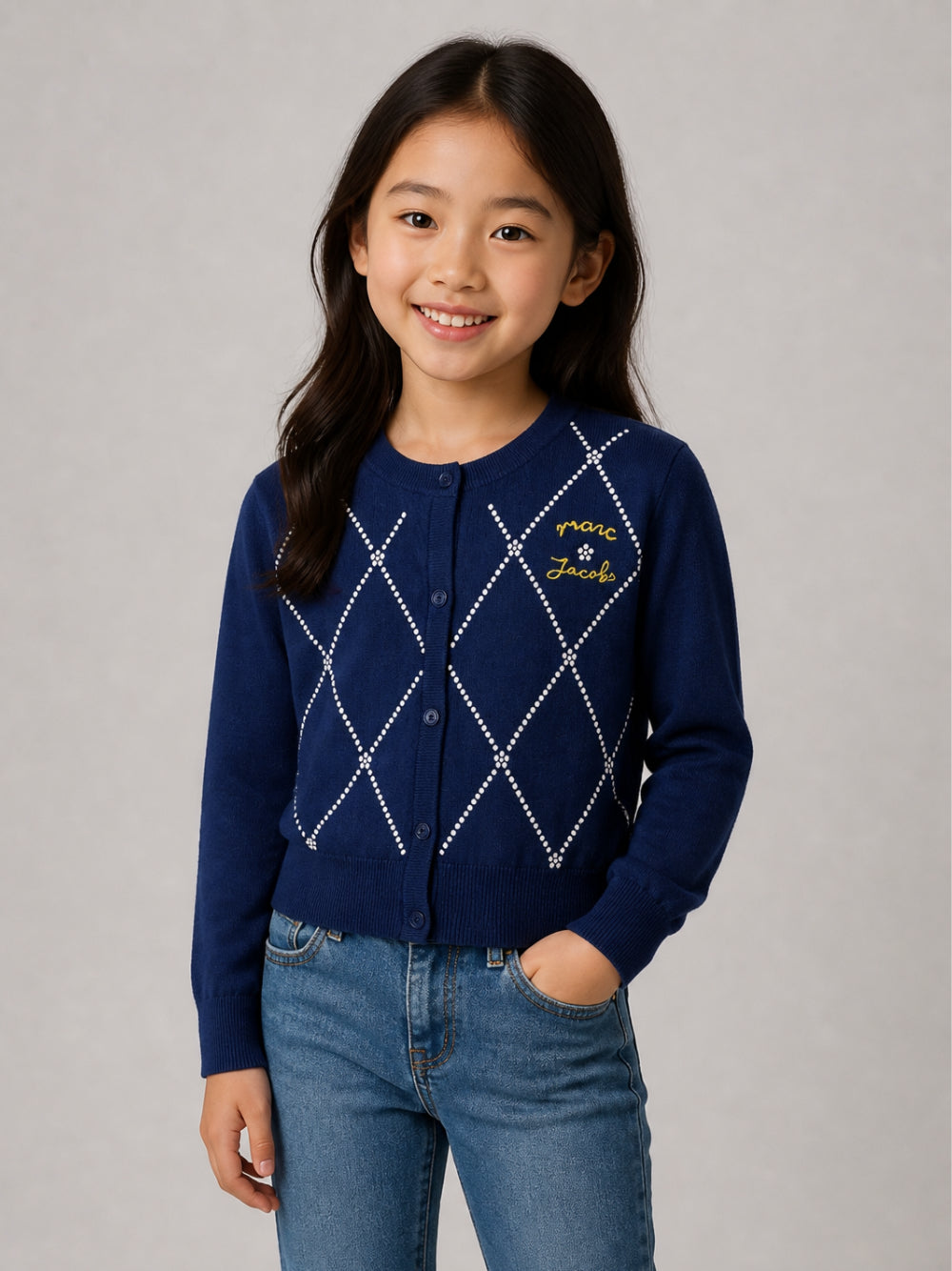 Cardigan per bambina The Marc Jacobs Kids blu con logo sul davanti W61003 841 THE MARC JACOBS KIDS