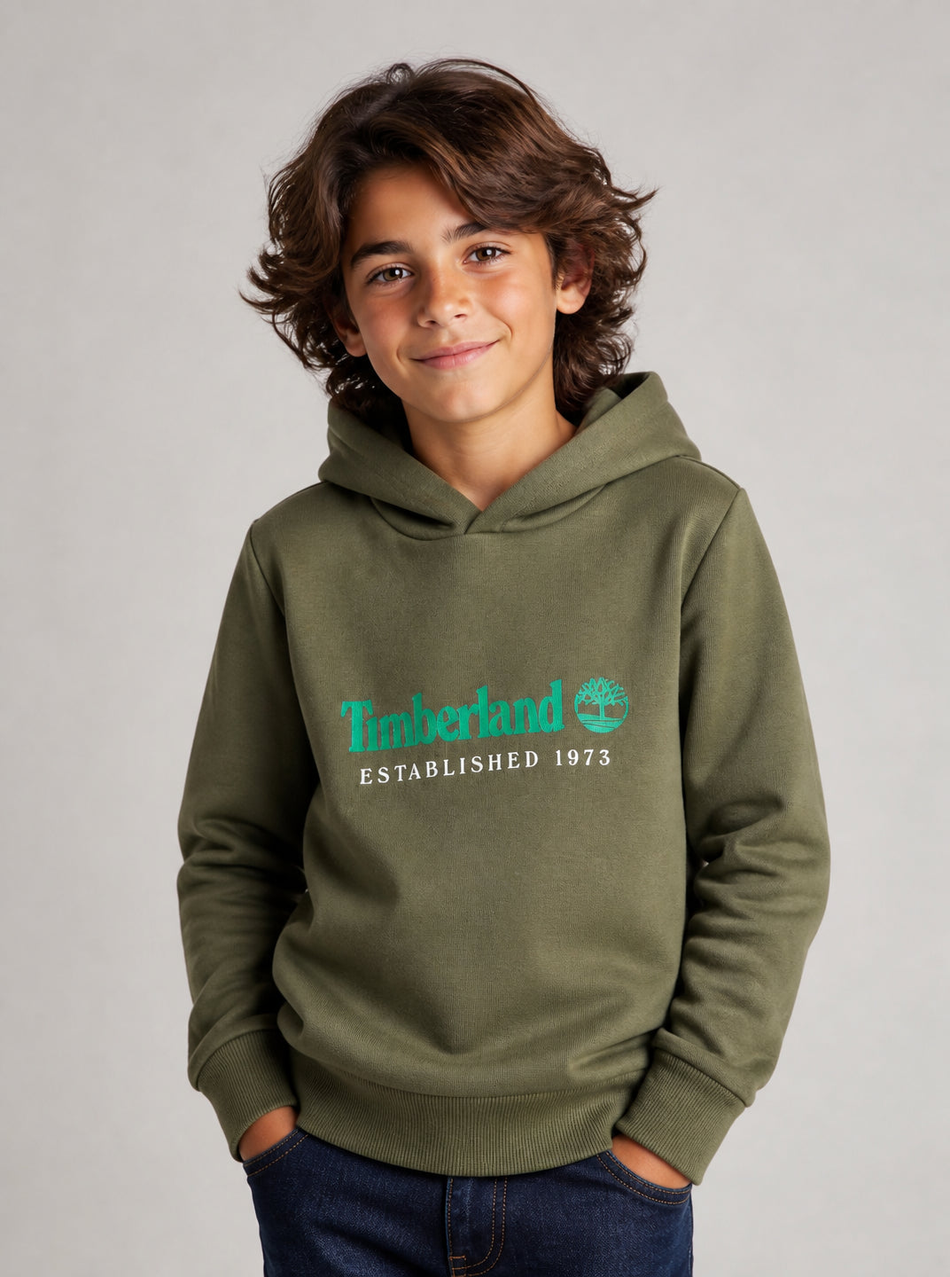 Felpa per bambino Timberland Kids verde oliva con stampa logo sul davanti T60975 730 TIMBERLAND KIDS