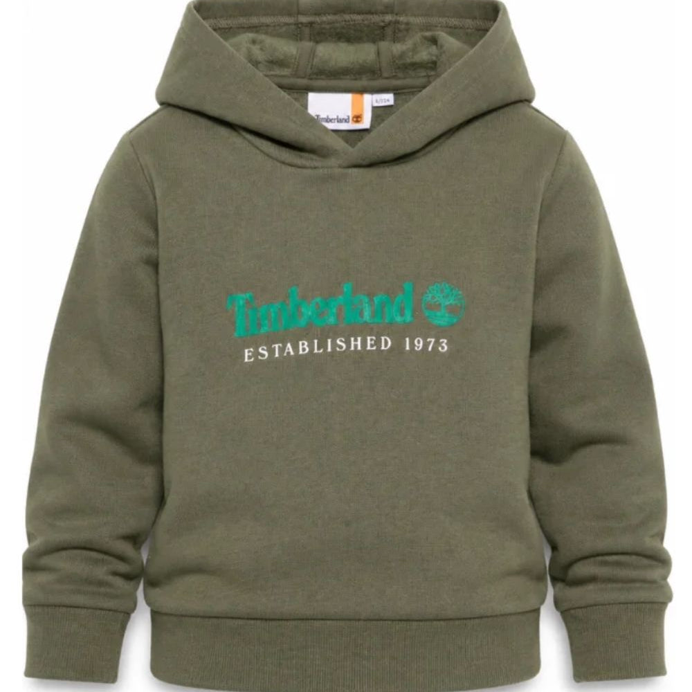 Felpa per bambino Timberland Kids verde oliva con stampa logo sul davanti T60975 730 TIMBERLAND KIDS