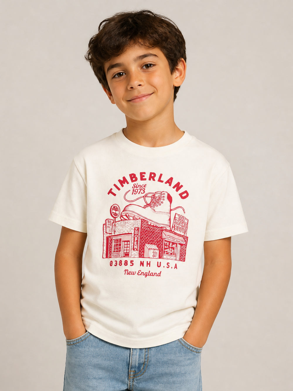T-shirt per bambino Timberland Kids color crema con stampa grafica T61054 127 TIMBERLAND KIDS