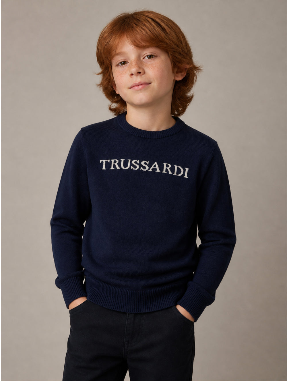 Maglione per bambino Trussardi Kids blu con ricamo logo TBA26021MA BLUE NAVAL TRUSSARDI KIDS