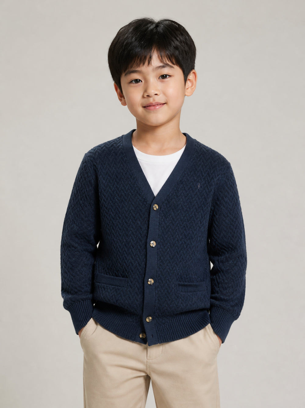 Cardigan per bambino Trussardi Kids blu con lavorazione a maglia intrecciata TBA26059CD BLUE NAVAL TRUSSARDI KIDS