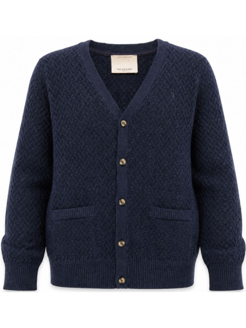 Cardigan per bambino Trussardi Kids blu con lavorazione a maglia intrecciata TBA26059CD BLUE NAVAL TRUSSARDI KIDS