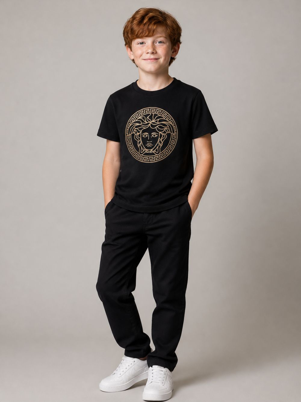 T-shirt per bambini Versace Kids nera con stampa grafica Medusa sul davanti 10002391A11718 2B130 VERSACE KIDS
