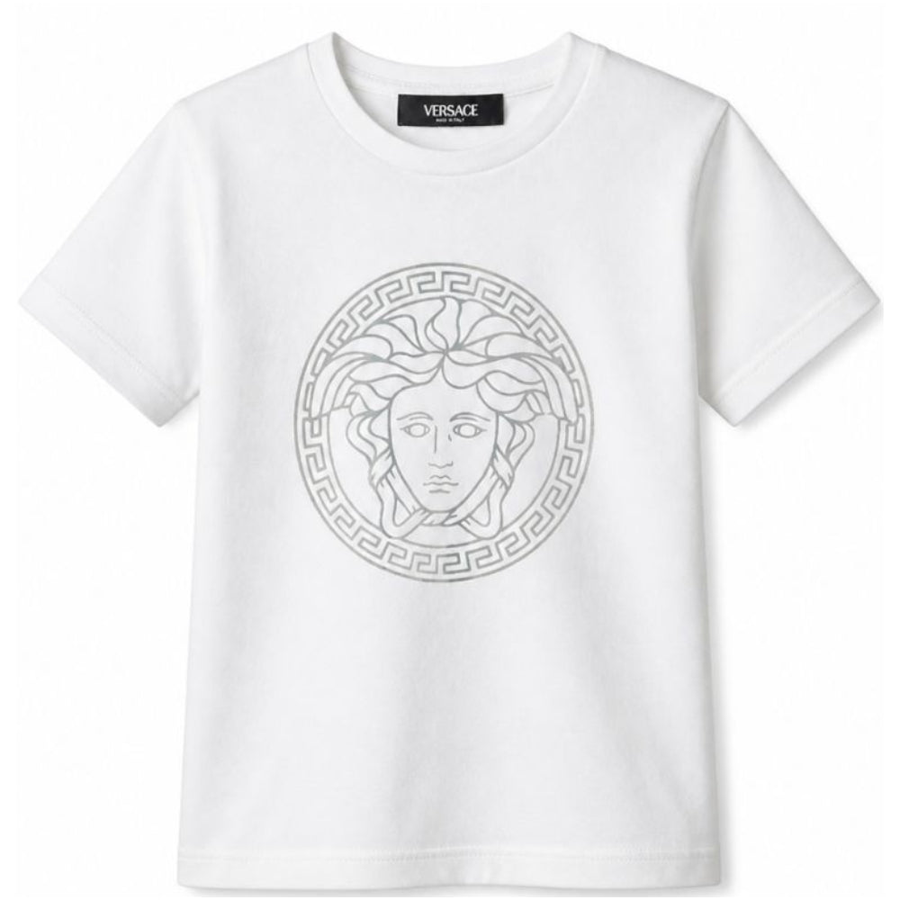 T-shirt per bambini Versace Kids bianca con stampa medusa sul davanti 10002391A11718 2W270 VERSACE KIDS