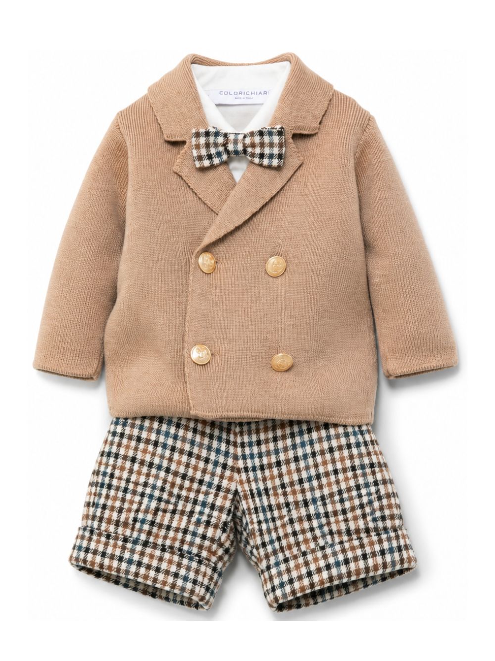 Completo giacca camicia pantaloni e papillon per neonato Colorichiari beige con motivo a quadri MN408726 4532 26 COLORICHIARI KIDS