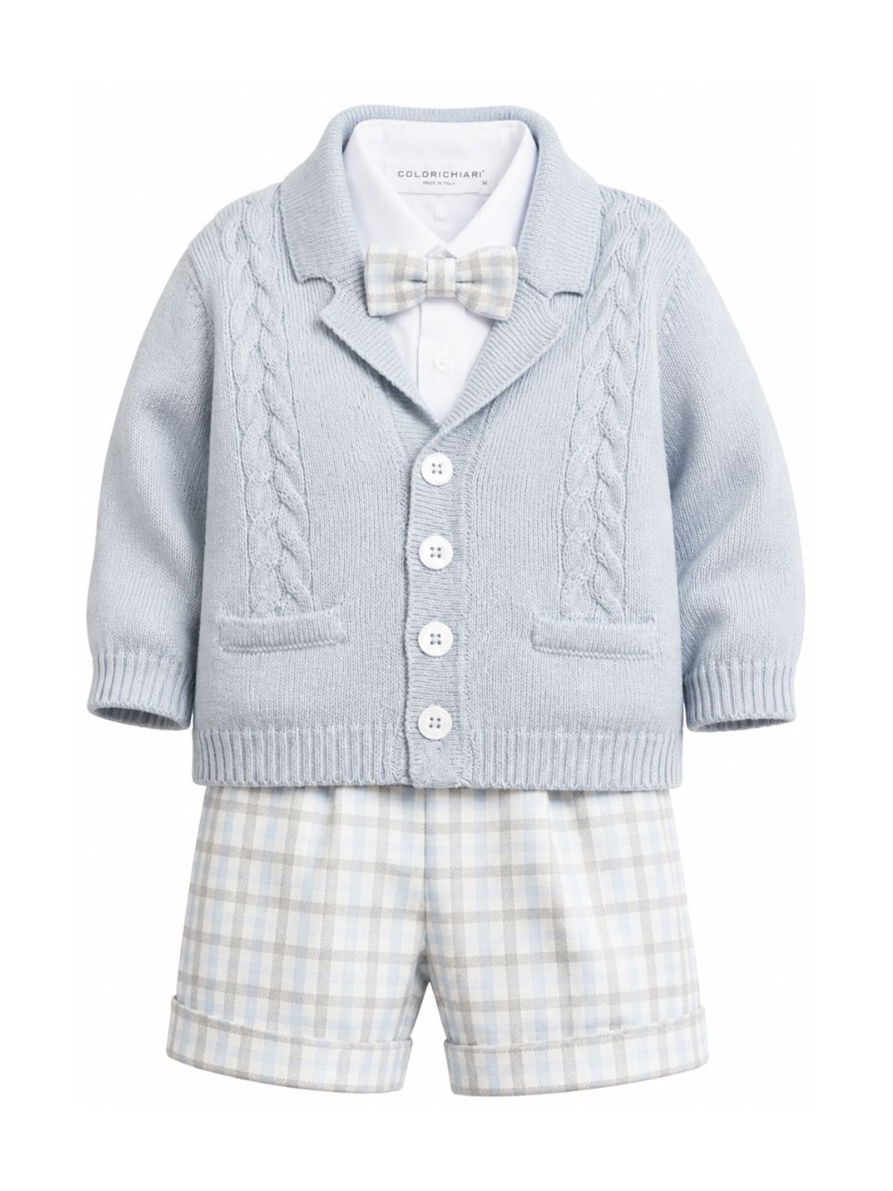 Set cardigan camicia shorts e papillon per neonato Colorichiari azzurro con design a quadri MN408733 5010c 51 COLORICHIARI KIDS