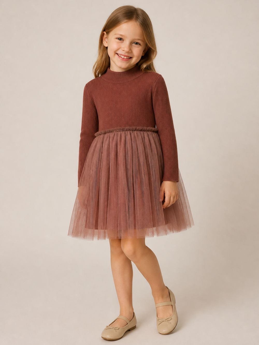Abito per bambina Donsje Kids marrone con gonna in tulle a coste 4043900 00094 DONSJE KIDS