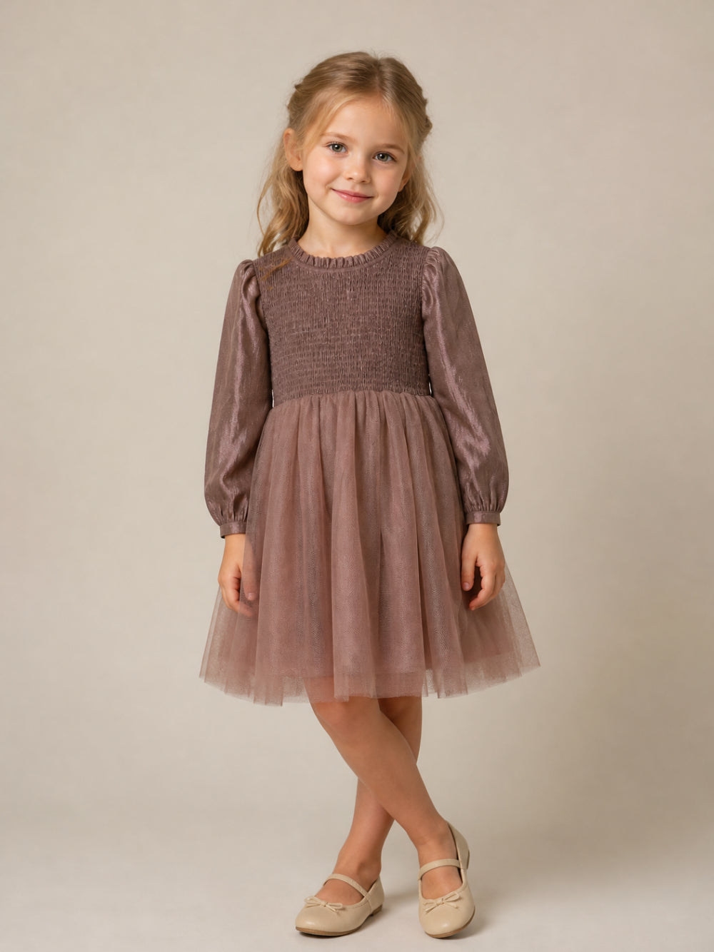 Abito Janice per bambina Donsje marrone con corsetto in punto smock 4125600 00111 DONSJE KIDS