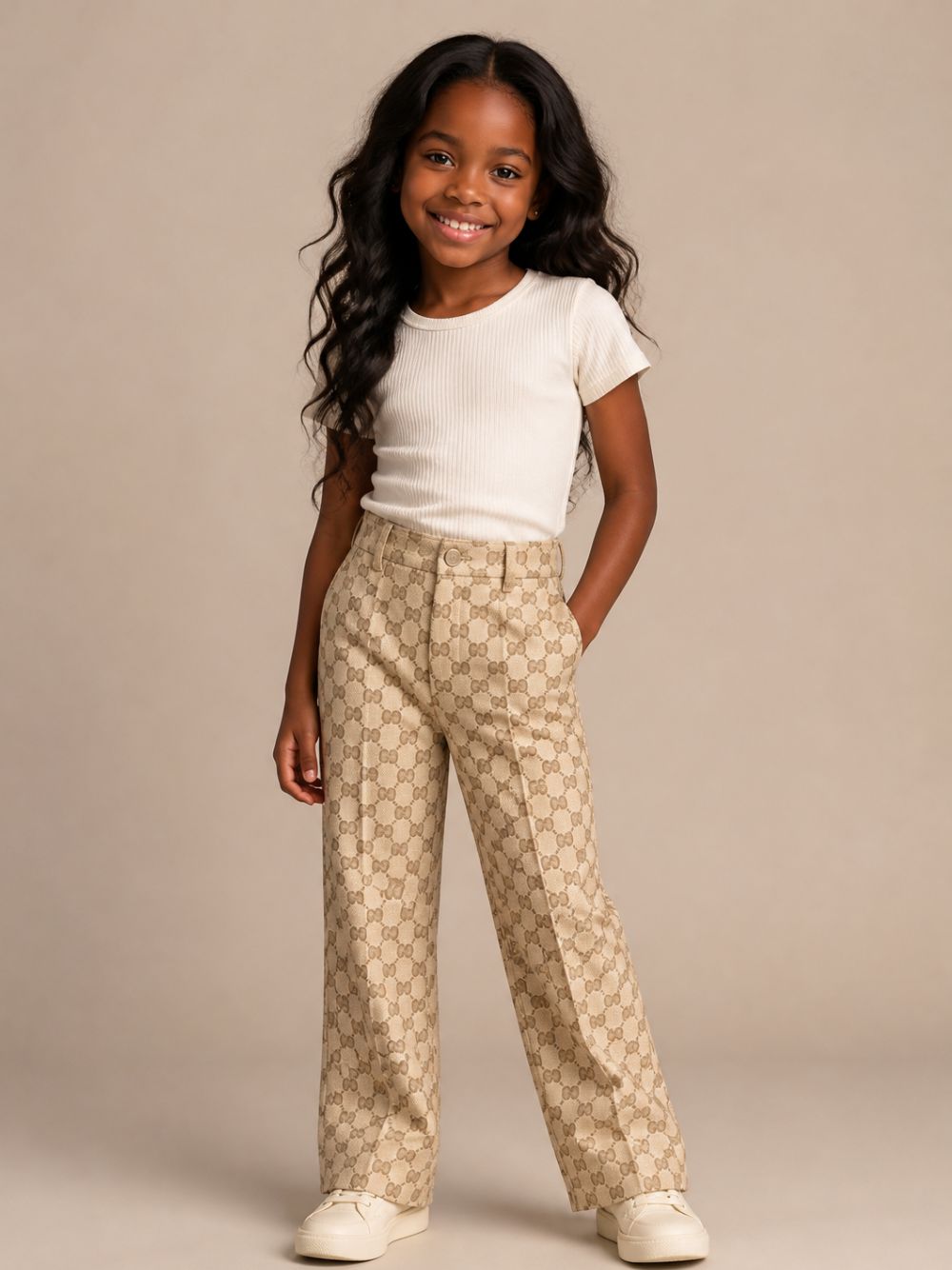 Pantaloni per bambina Gucci Kids beige con logo GG all-over 866669XWA9A 2061 GUCCI KIDS