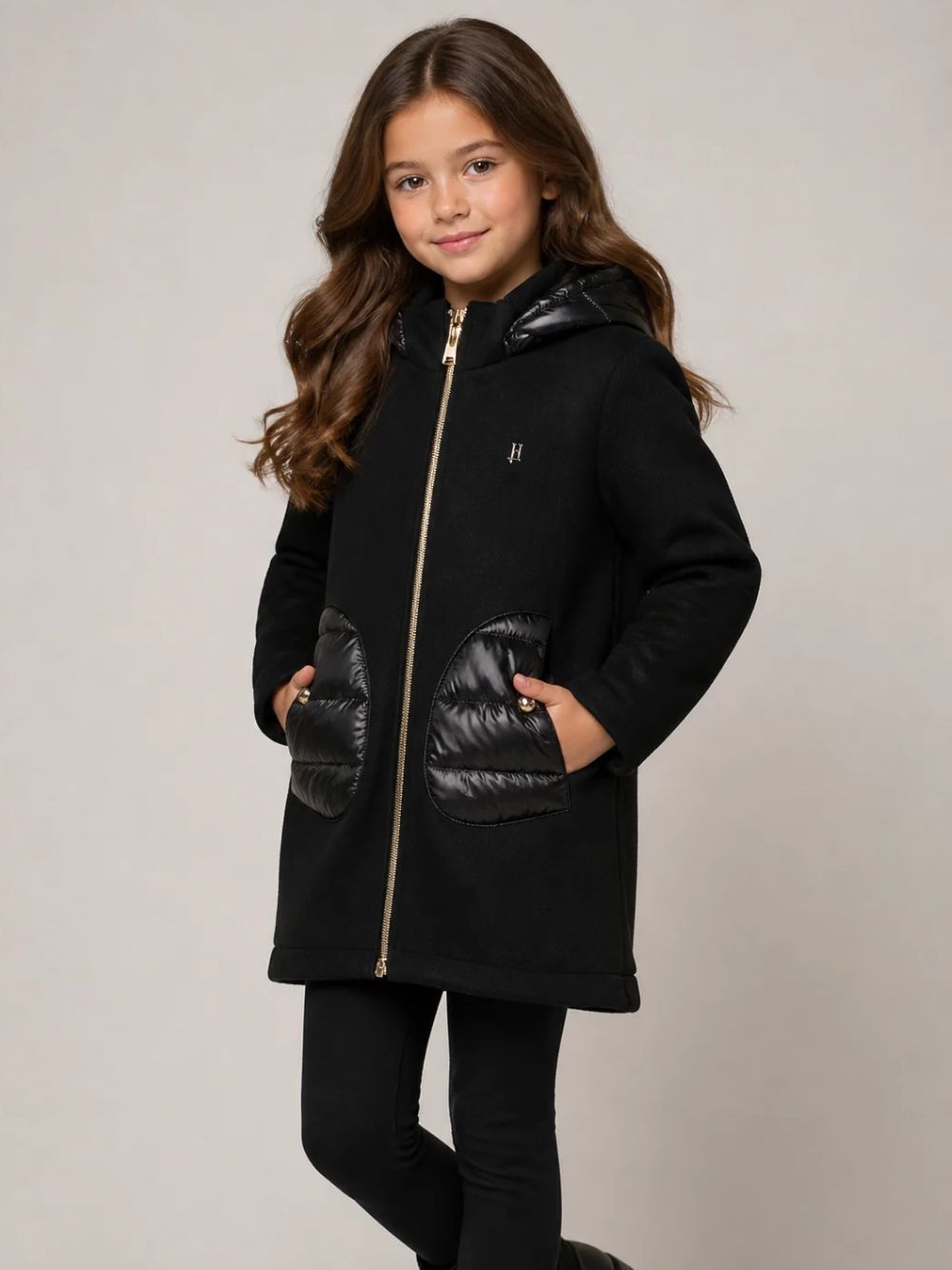 Cappotto per bambina Herno Kids nero con tasche con design trapuntato GC000049G33344 9300 HERNO KIDS