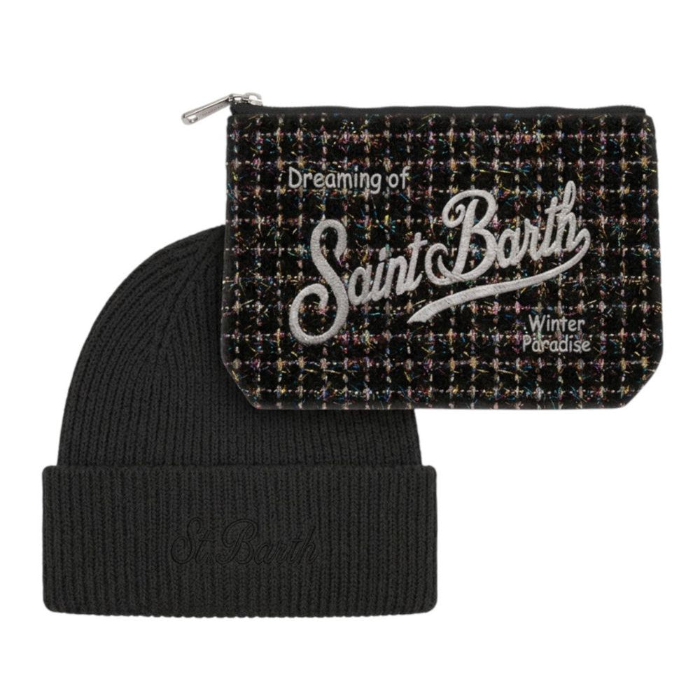 Christmas Box Pochette Aline e berretto MC2 St. Barth nera con logo sul davanti BOX0048 04510M MC2 ST. BARTH KIDS