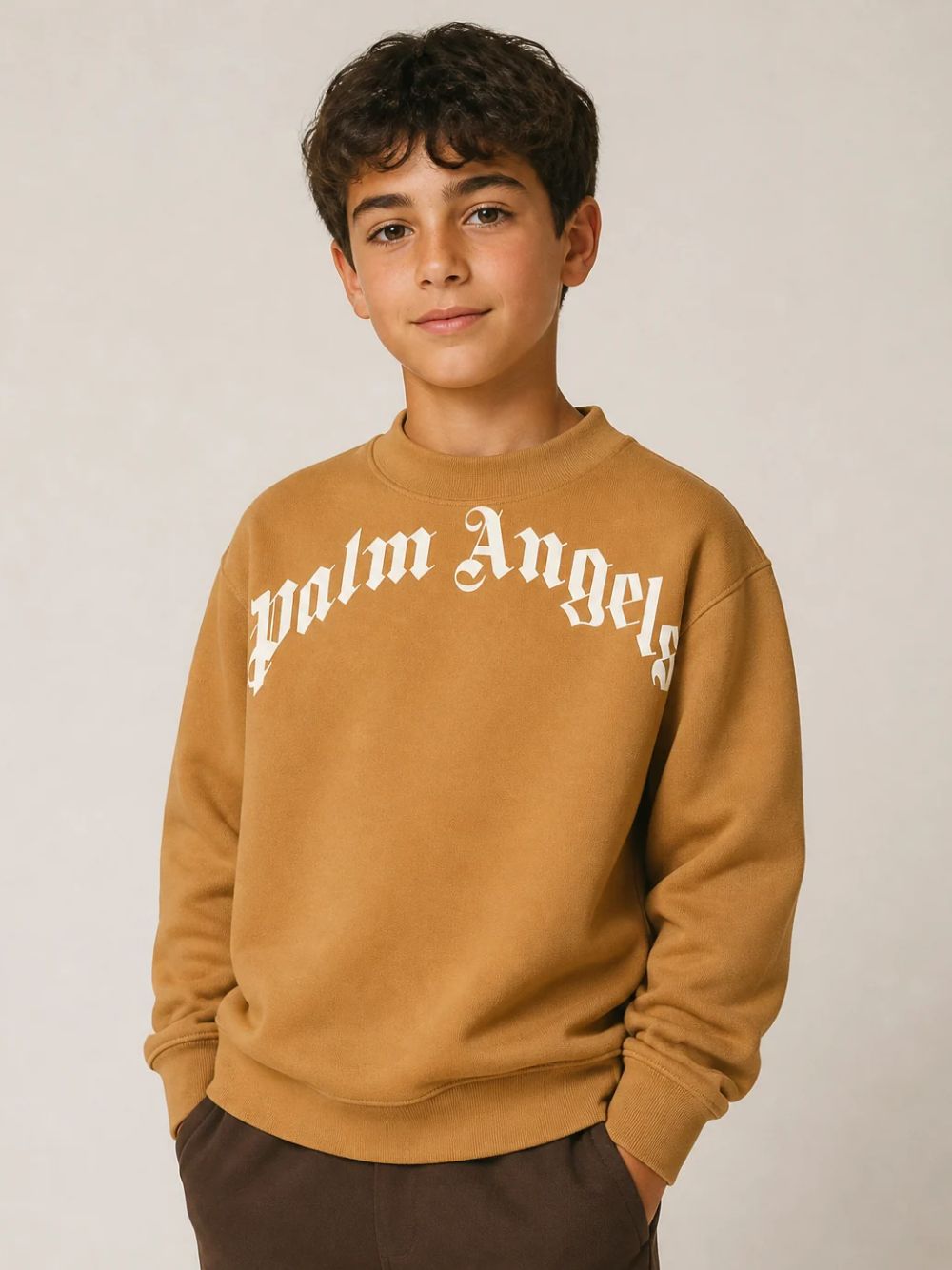 Felpa per bambino Palm Angels Kids beige con stampa logo sul davanti F6PAJBSW014 1531 PALM ANGELS KIDS