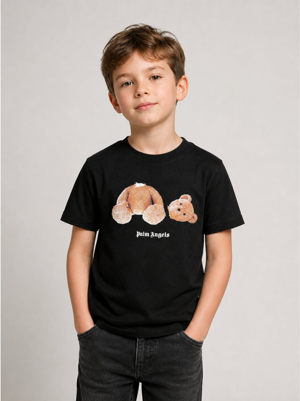 T-shirt per bambino Palm Angels Kids nera con stampa orso sul davanti F6PAJBTH061 110 PALM ANGELS KIDS