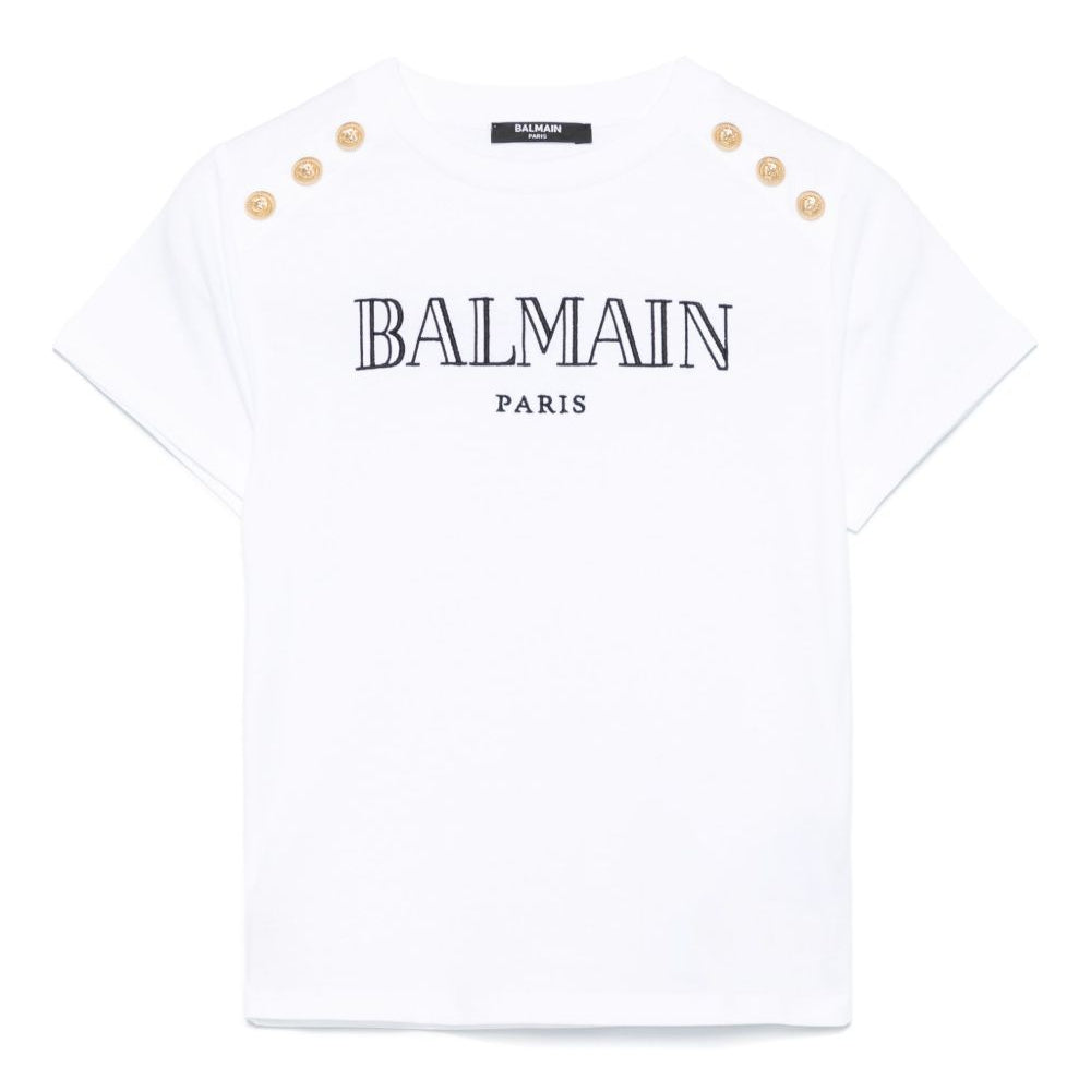T-shirt con logo ricamato per bambina Balmain Kids bianco con orlo dritto BW8A21 Z0116 100OR BALMAIN KIDS