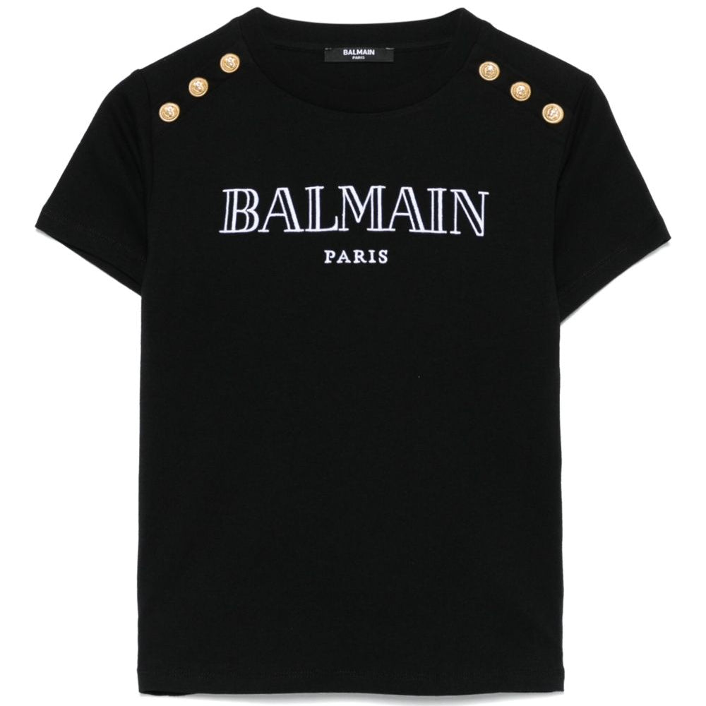 T-shirt con logo ricamato per bambina Balmain Kids nero con orlo dritto BW8A21 Z0116 930OR BALMAIN KIDS