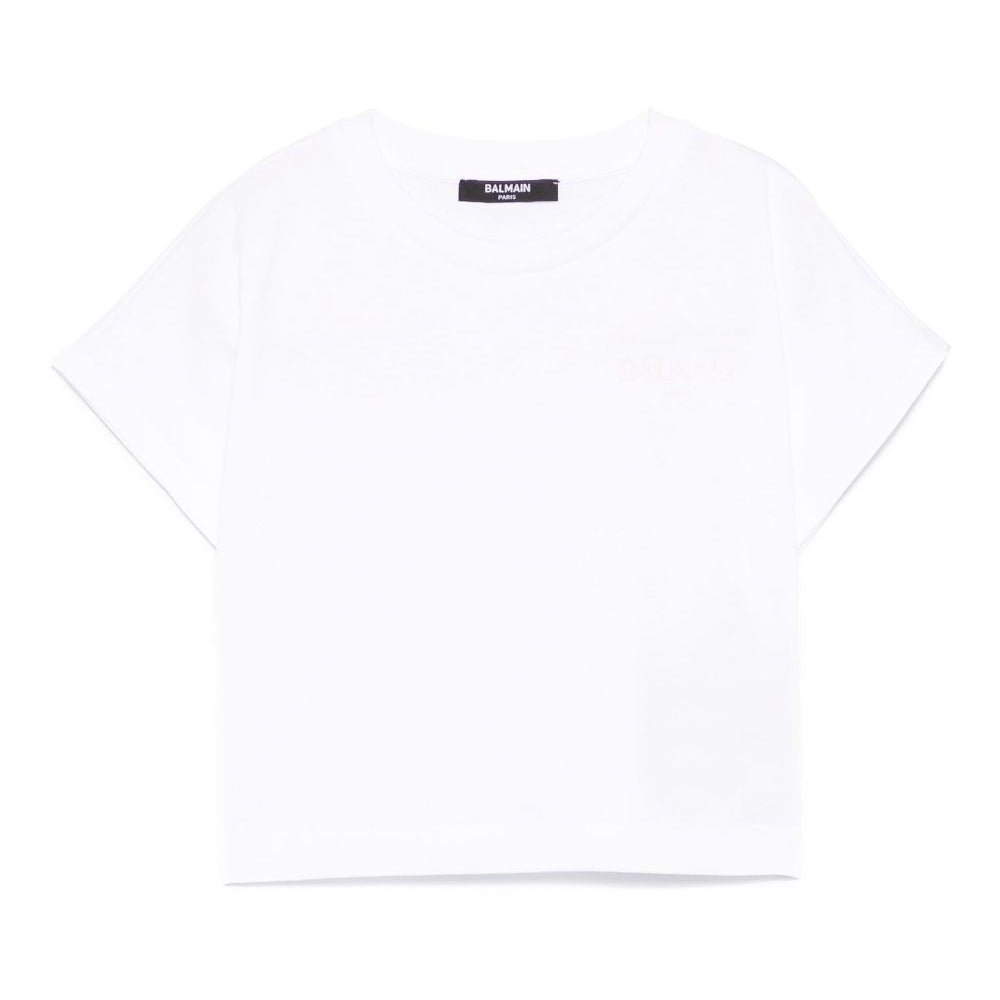 T-shirt con stampa logo per bambina Balmain Kids bianco con orlo dritto BW8A31 Z0116 100RS BALMAIN KIDS