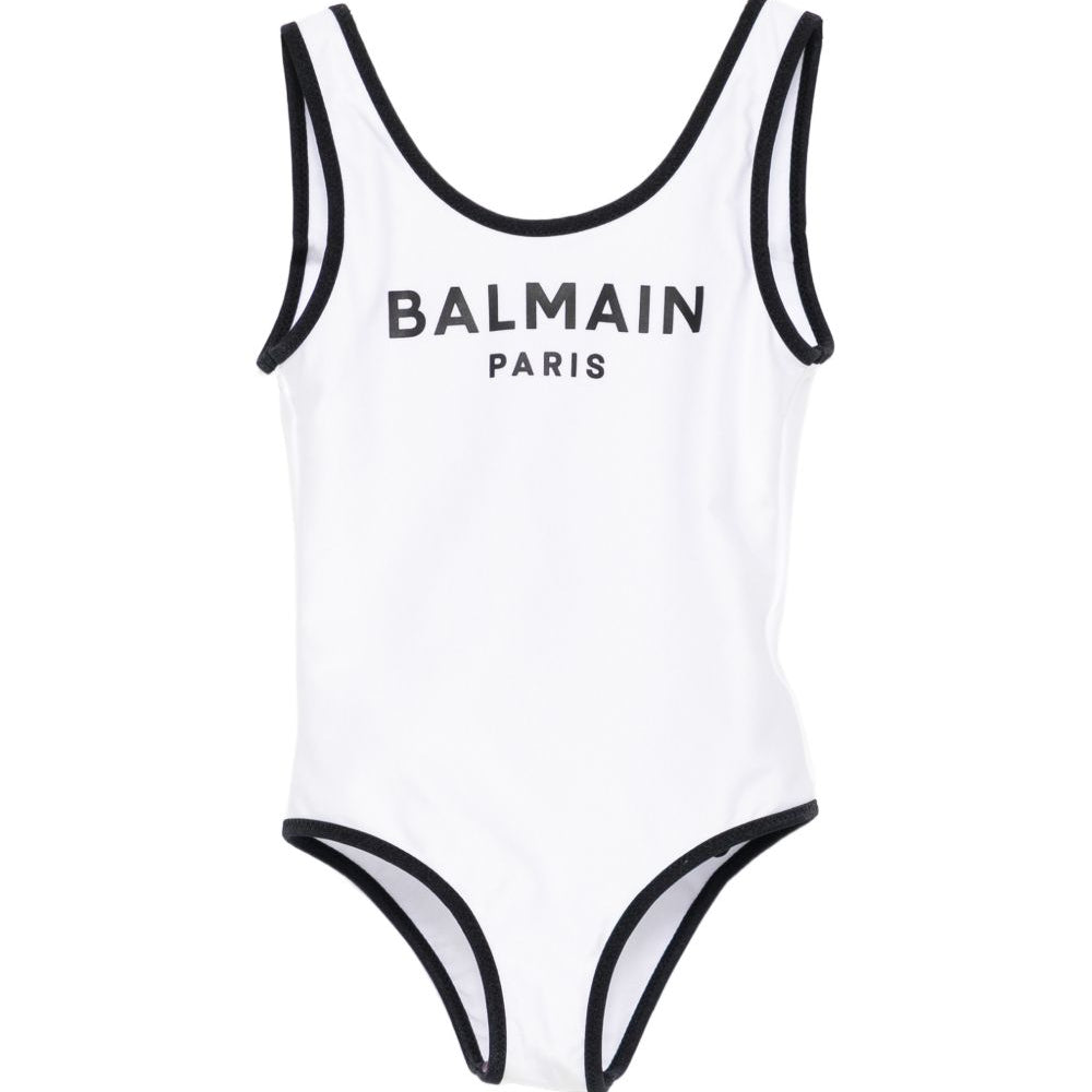 Costume per bambina Balmain Kids bianco con stampa logo sul davanti BXCA0D Z0005 100NE BALMAIN KIDS