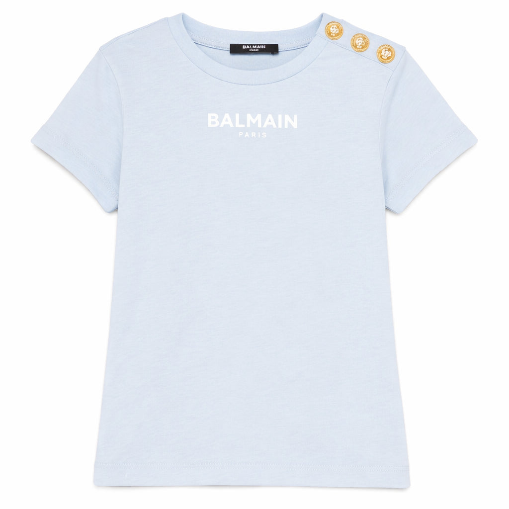 T-shirt da bambina Balmain Kids azzurro azzurra con bottoni BY8A01 Z3672 685OR BALMAIN KIDS