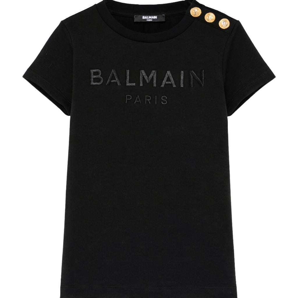 T-shirt da bambina Balmain Kids nera con bottoni BY8A21 Z3277 930NE BALMAIN KIDS