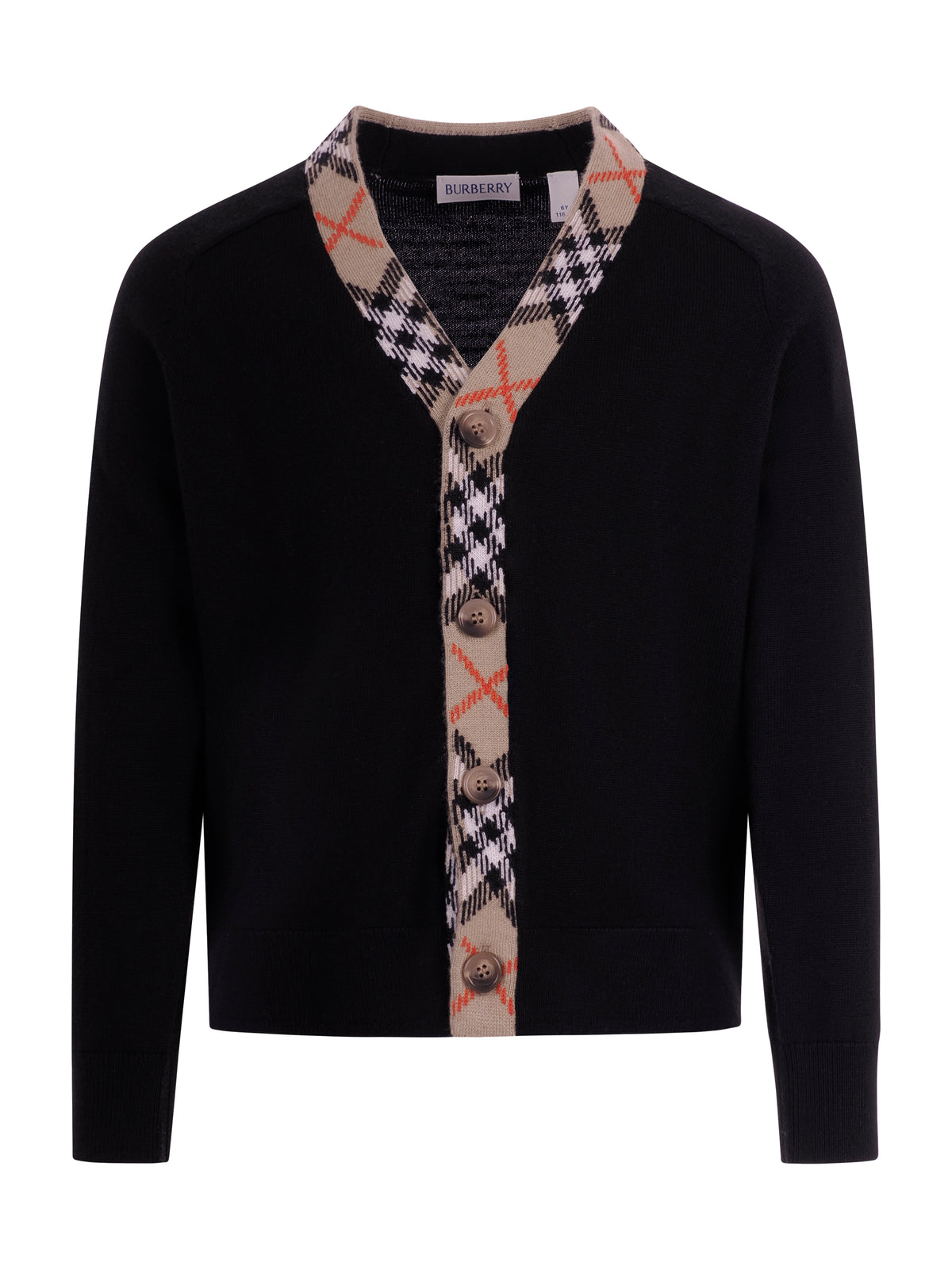 Cardigan per bambino Burberry kids nero con rifiniture a quadri 8117201 A1189 BURBERRY KIDS