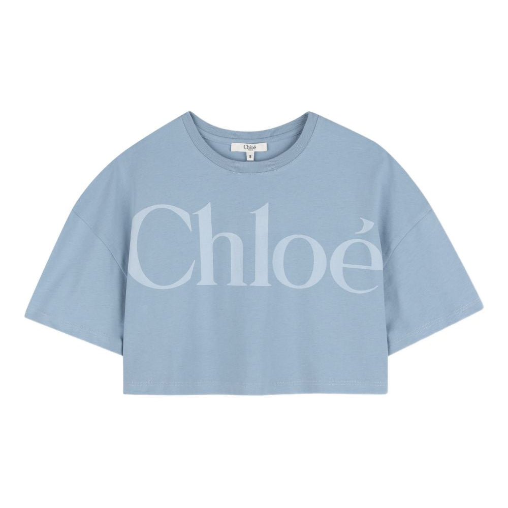 T-shirt per bambina Chloé Kids azzurra con taglio crop C20859 821 CHLOE' KIDS