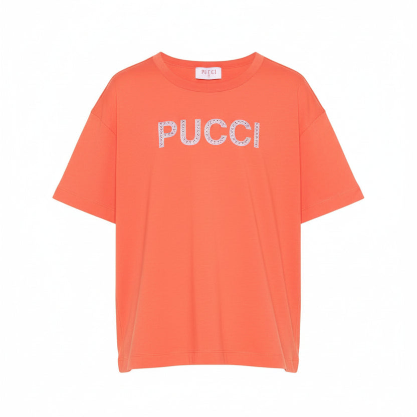 T-shirt per bambina Emilio Pucci Junior arancione con logo con borchie PY8B31 Z3672 472 EMILIO PUCCI KIDS
