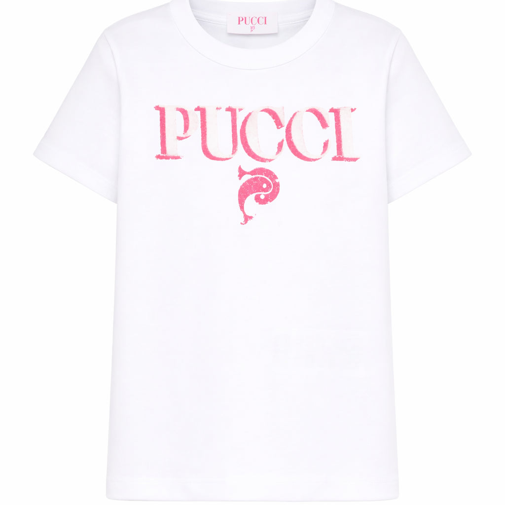 T-shirt per bambina Pucci Junior bianca con stampa logo sul davanti PY8B71 Z3672 100FU EMILIO PUCCI KIDS